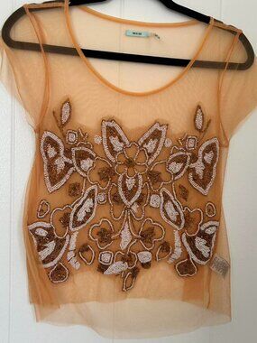 Gorgeous pale orange sheer mesh beaded top with floral design ⭐️ y2k glam